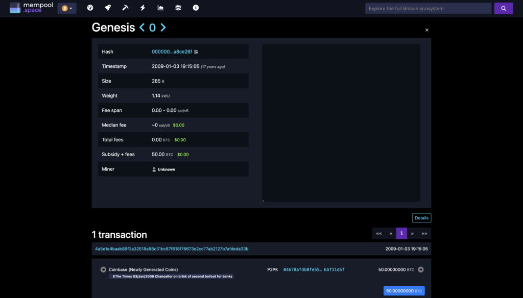 Screenshot of the Bitcoin genesis block on mempool.space showing the embedded message — The Times 03/Jan/2009 Chancellor on brink of second bailout for banks
