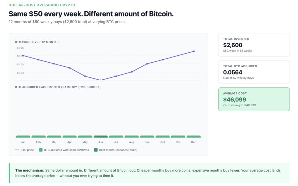 How dollar-cost averaging crypto works — 12 months of $50 weekly Bitcoin buys at varying prices, showing the resulting average cost basis