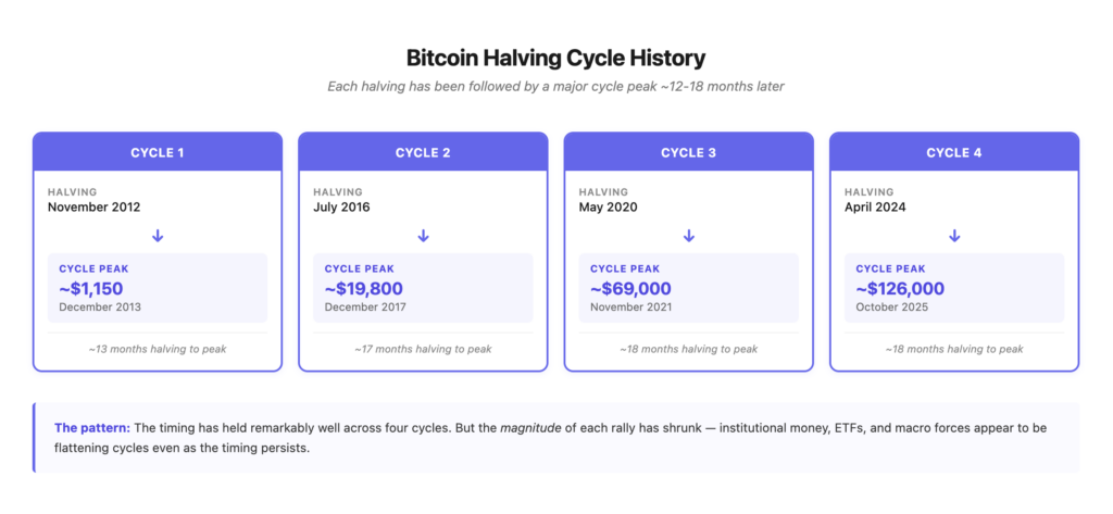 Bitcoin halving cycle history timeline showing the four halvings and approximate peak prices of each cycle