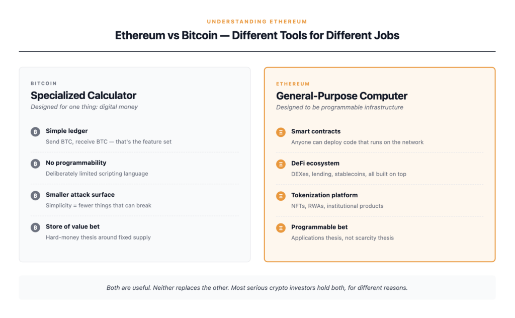 Ethereum vs Bitcoin comparison — Bitcoin is designed as simple digital money with a deliberately limited feature set, while Ethereum is designed as a programmable computer network where developers deploy smart contracts, DEXes, lending protocols, and tokenized assets