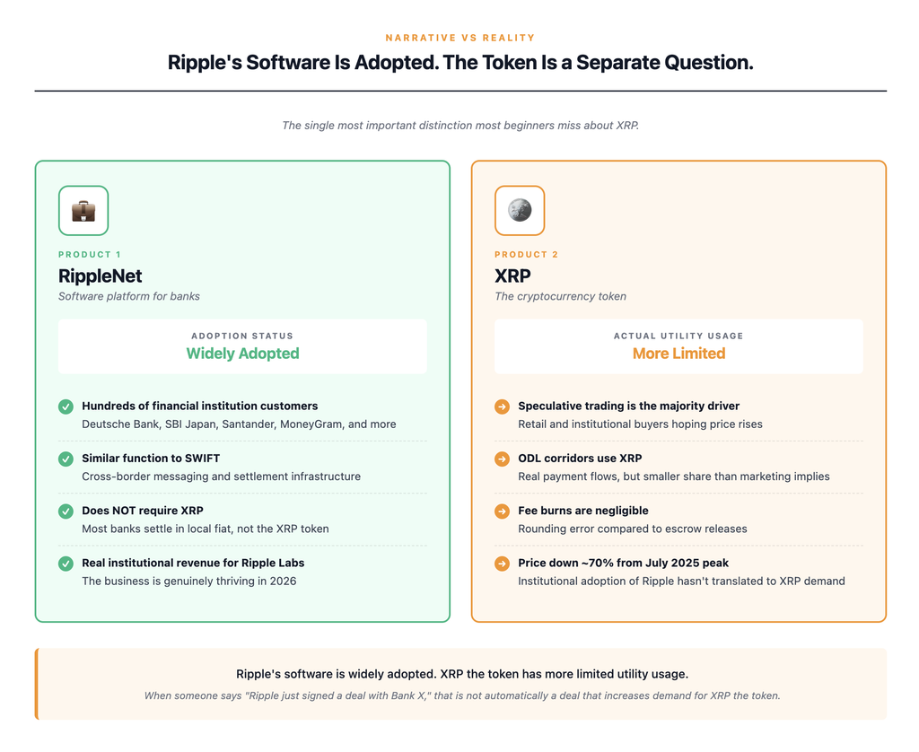 Visual comparison distinguishing Ripple's RippleNet software product widely adopted by hundreds of banks for cross-border payments from XRP the cryptocurrency token whose real-world utility usage in payments is more limited than marketing suggests, with most trading volume driven by speculation rather than payment flows