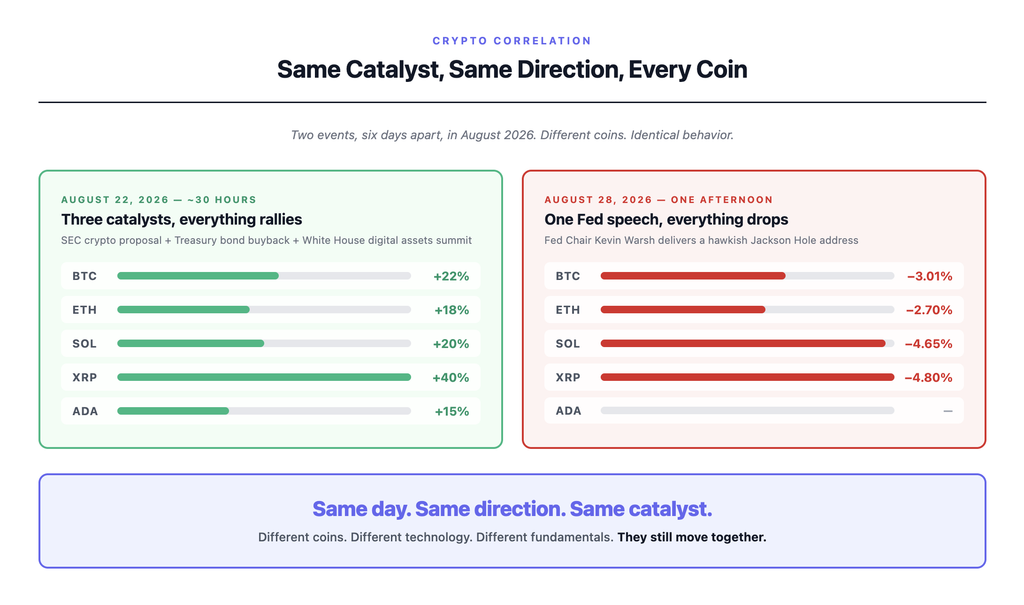 Why do crypto prices move together — chart showing Bitcoin, Ethereum, Solana, XRP and Cardano rising in near-perfect correlation during the August 22 2026 rally driven by three catalysts, then all falling together on August 28 after a single hawkish Federal Reserve speech, demonstrating that different coins with different technology move the same direction on the same catalysts