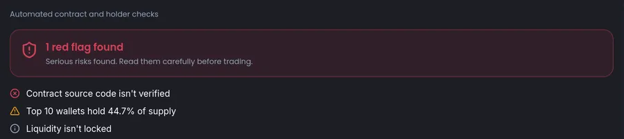 Automated token safety check showing one red flag: contract source code is not verified, top 10 wallets hold 44.7 percent of supply, liquidity is not locked